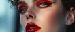A womans face in closeup showcasing red eye shadow and lipstick, accentuating her features like her nose, lips, eyelashes, and jaw. A true artful gesture