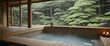 Japanese hot spring bath. Relaxation concept, japanese garden and trees in the big window