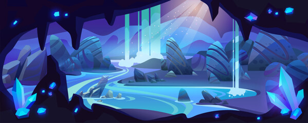 Wall Mural - underground cave with river or lake, waterfall and gemstone crystals in rocky walls. cartoon deep la
