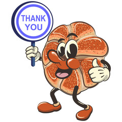 Wall Mural - vector isolated clip art illustration of cute bagel rolls mascot carrying a sign saying thank you, work of handmade