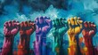 Graffiti of several clenched fists painted in vivid colors standing resilient under a stormy sky, evoking themes of strength and defiance.