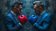 Two determined businessmen in suits stand ready to compete with red and blue boxing gloves against a gritty backdrop.