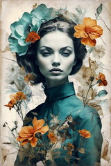 Wall Mural - Abstract vintage portrait of young woman with flowers. Pop art collage ,poster, double exposure style. Fashion poster.