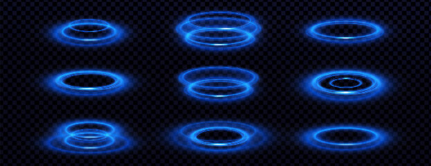 Poster - blue ring portals set isolated on transparent background. vector realistic illustration of round neo