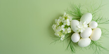 Easter Nest Of Speckled Eggs And Hydrangea Flowers On A Soft Green Background, Portraying A Sense Of Growth And Spring Renewal.