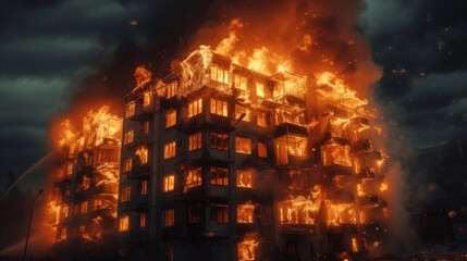 Wall Mural - Fire in the building. Burning house in the flames of fire. House Fire at night. 