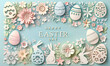 © Bnz - Easter Day backgrounds in soft pastel colors with rabbits, flowers, and eggs with text Happy Easter Day in paper cut art style. Digital greeting card for Easter Day celebrations and the spring season.