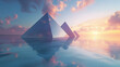 Sleek, glassy pyramids emerging from a serene, azure ocean, reflecting the sky's changing hues.