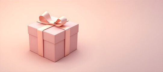 Wall Mural - Gift box with ribbon bow levitating on pastel pink background. Present box. Happy Women's Day, Valentine's Day, Mother's Day, birthday, wedding. Greeting card or banner with copy space. Flat lay