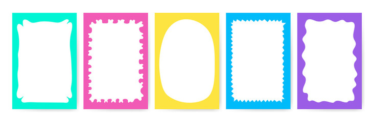 Poster - Hand drawn Textbox set with bright rich colors. Doodle wavy scalloped edge background for Social media. Trendy graphic template of curved text frame. Geometric abstract children creativity borders