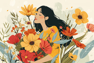 Bright illustration of a girl in flowers.