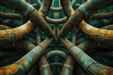 Poster - A collection of various pipes arranged in parallel and closely interconnected within an industrial environment, Cloverleaf pattern created by intertwining industrial pipelines, AI Generated
