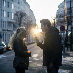 A blond woman arguing with a gorgeous dark-haired man in the middle of the street. Morning lights