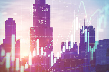 Aufkleber - Abstract growing forex chart on blurry toned city wallpaper. Financial investment and economy concept. Double exposure.