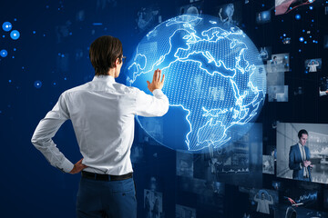 Aufkleber - Businessman interacting with digital world map, global network theme. Dark blue background