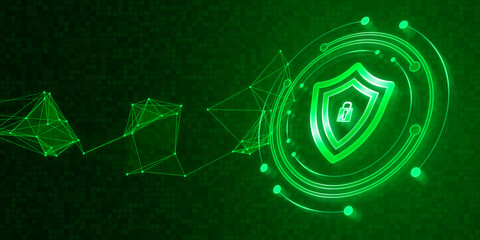 Aufkleber - Creative round safety hologram with polygonal mesh on blurry wide green background. Secure antivirus, digital protection app concept. 3D Rendering.