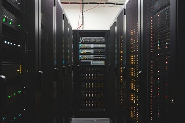 Poster - Multiple rows of meticulously organized servers housed in a high-density data center, Computer server in a minimal environment, AI Generated