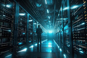 Poster - A man stands in the center of a room filled with servers, surrounded by blinking lights and rows of computer equipment, Conceptual artwork representing the accessibility of NAS storage, AI Generated