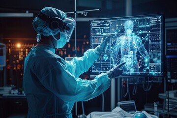 Wall Mural - A doctor carefully analyzes a human image displayed on a computer screen in a medical setting, Conceptual image of technological advancements in healthcare, AI Generated