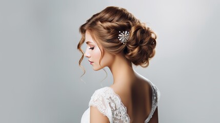 Beautiful bride with fashion wedding hairstyle - on white background