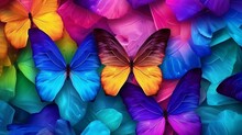 Colors Of Rainbow. Pattern Of Multicolored Butterflies Morpho, Texture Background