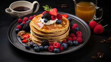 Wall Mural - Healthy breakfast set on grey background. The concept of delicious and healthy food. Mix nuts, honey, berries, orange jus, pancake and milk. Top view, copy space. High quality photo