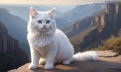 white kitten fluffy cute big blue eyes, looking directly at the viewer with an intense gaze, perched on the edge of a rugged cliff