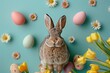 Happy Easter Eggs Basket playful. Bunny hopping in flower easter centerpiece decoration. Adorable hare 3d space for hues rabbit illustration. Holy week easter hunt grinning card Turquoise Fields