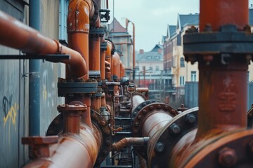 Poster - A multitude of pipes neatly lined up on the exterior wall of a building, Danish styled industrial pipelines in a quaint town, AI Generated