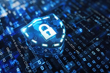 Poster - A photograph showcasing a blue padlock placed on a solid black background, Data security shield on a computer screen, AI Generated