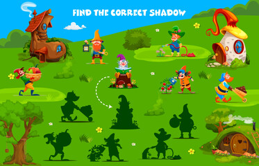 Poster - Find the correct shadow of cartoon garden gnome and dwarf characters in fairytale village. Kids vector matching game worksheet, children logic activity, educational riddle for logical mind development