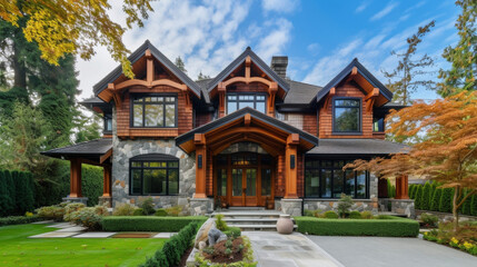 Wall Mural - A beacon of artis design this Craftsman house showcases stunning handcarved wood details and a striking stone exterior making it a standout in its elegant neighborhood.