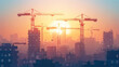 © ChubbyCat - Illustration of a construction site skyline with multiple cranes against a sunset backdrop, casting a warm glow over the urban landscape.