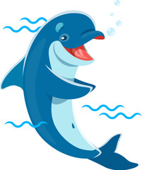 Wall Mural - Cartoon dolphin character joyfully playing in blue waves with a vibrant smile. Vector playful underwater personage, expressive energetic, and charming porpoise embodies a sense of happiness and fun