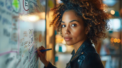 A woman writes notes on a whiteboard. Brainstorming concept.