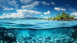 Split-View Tropical Seascape. Crystal clear waters with coral reefs below and sunny sky and green island above
