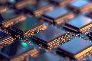 Poster - This close-up photo showcases the intricate circuits and components of a modern computer chip from a microscopic perspective, Detailed view of processor chips in straight lines, AI Generated
