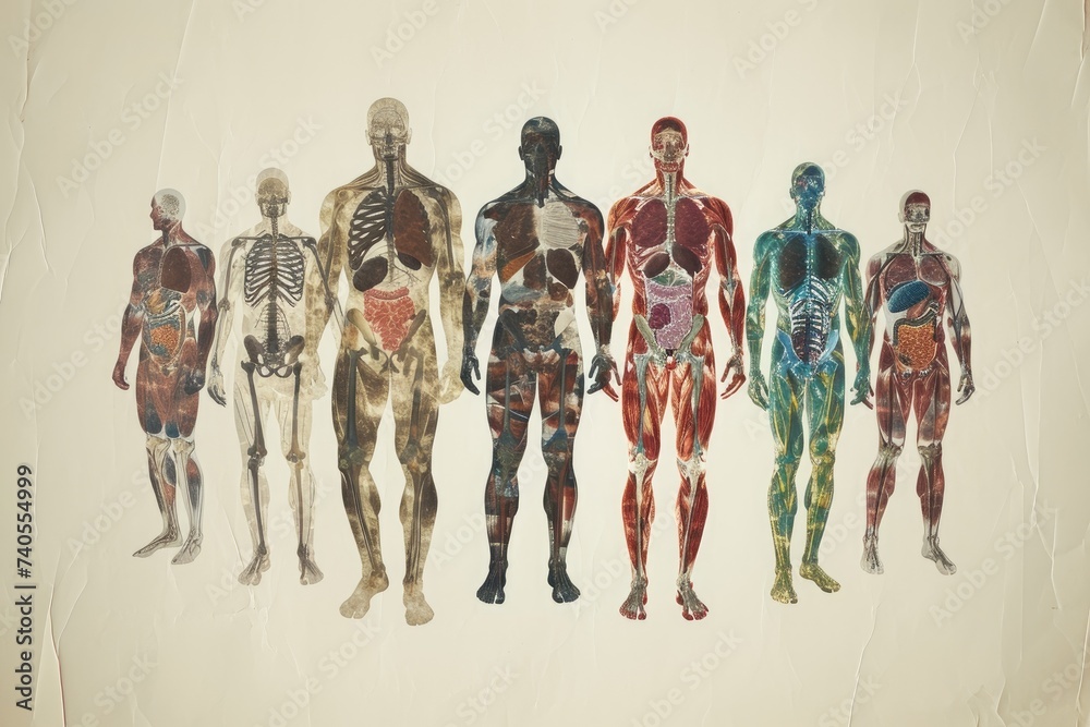 A black and white drawing featuring a varied collection of human bodies, showcasing different shapes, sizes, and postures, Different human body systems blended into one image, AI Generated
