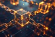A shiny golden cube with metal chains wrapped tightly around it, creating an intriguing visual contrast, Digital blocks interlinked, symbolizing blockchain, AI Generated