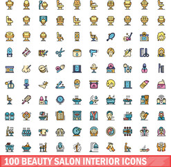 Poster - 100 beauty salon interior icons set. Color line set of beauty salon interior vector icons thin line color flat on white