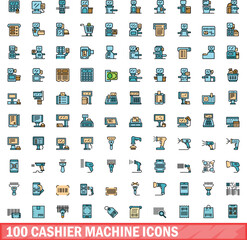 Poster - 100 cashier machine icons set. Color line set of cashier machine vector icons thin line color flat on white