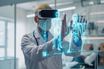 Poster - A male scientist wearing a white lab coat is seen using a virtual device in a laboratory, Doctor using augmented reality to diagnose patient, AI Generated