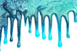 Blue liquid drops of paint color flow down on isolated white background. AI Generative