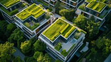 An aerial view of an ecofriendly retirement village showcasing a network of green rooftops covered in vegetation reducing heat absorption and promoting environmental sustainability.
