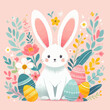 Bright and Vibrant Bunny Illustration: In this lively illustration, a cheerful bunny with tall, perky ears takes center stage amidst a colorful array of Easter eggs and vibrant flowers