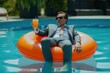 © Maelgoa - Homme d'affaires cocktail à la main sur une bouée dans une piscine » IA générative