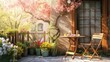 © Juan - A peaceful terrace adorned with vibrant flowers, blossoming trees, and charming garden furniture in the warm sunlight.