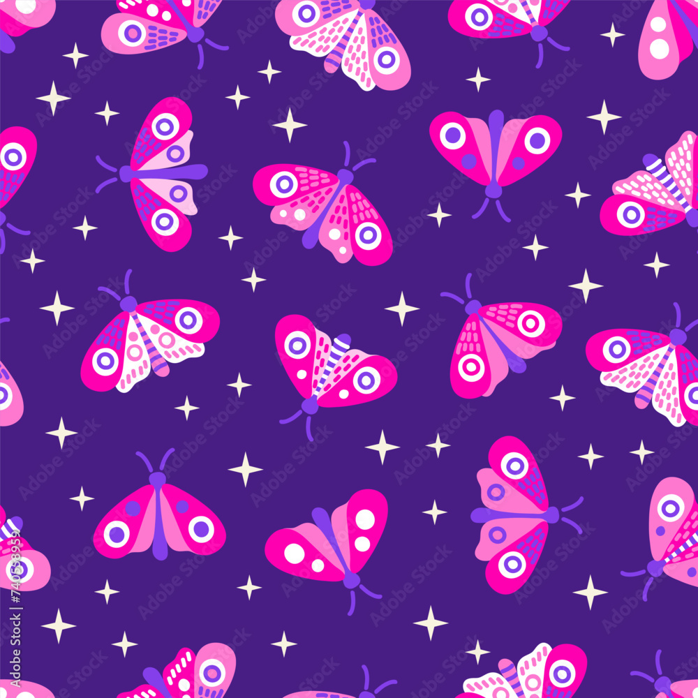 Vector seamless pattern of neon violet moth at night. Stylized ...