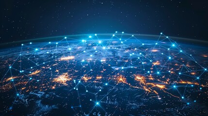 Poster - This image shows the global world network and telecommunication on earth, along with cryptocurrency and blockchain technology, as well as IoT.