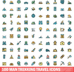 Poster - 100 man trekking travel icons set. Color line set of man trekking travel vector icons thin line color flat on white